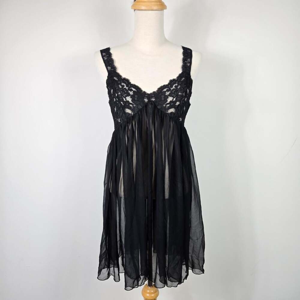 Scandale Paris Vintage Black Lace Chiffon Babydoll Mini Nightgown Lingerie Small - Picture 2 of 16